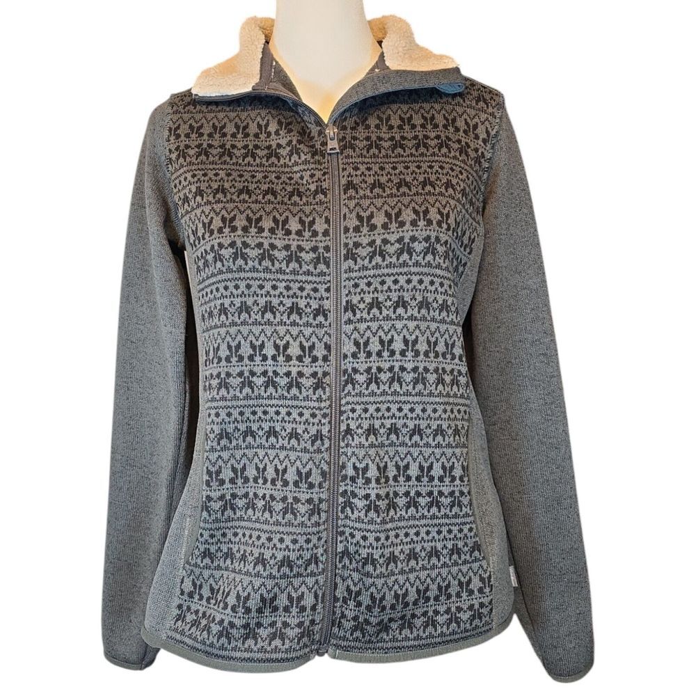 Eddie Bauer Jacket Womens S Gray Fair Isle Full Zip Sherpa‎ Collar Pockets Knit